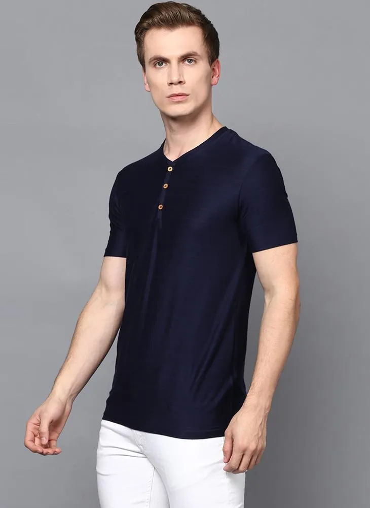 Navy Half Sleeve Henley Collar T-Shirt