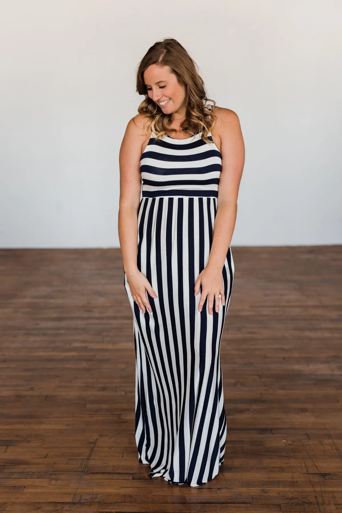 Never Let You Down Striped Maxi Dress- Ivory & Navy