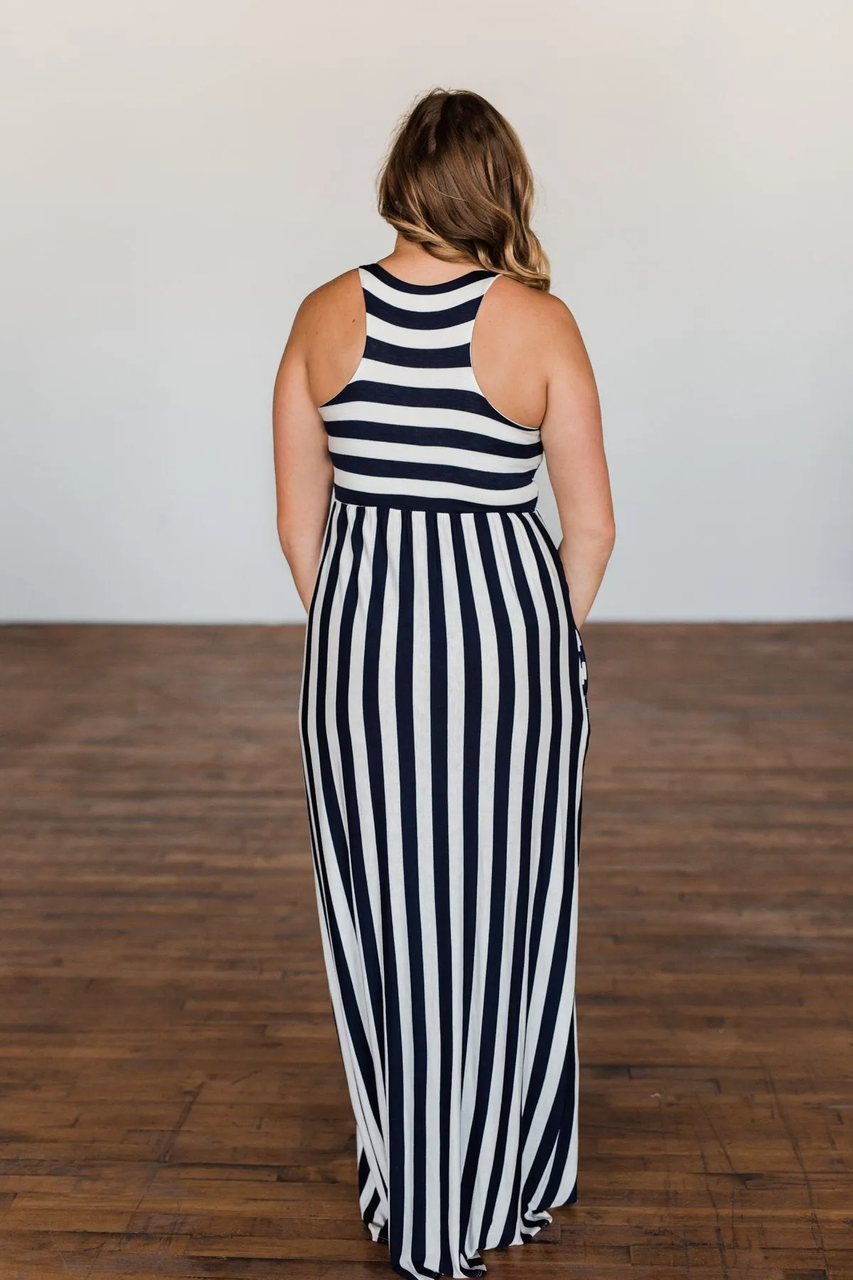 Never Let You Down Striped Maxi Dress- Ivory & Navy