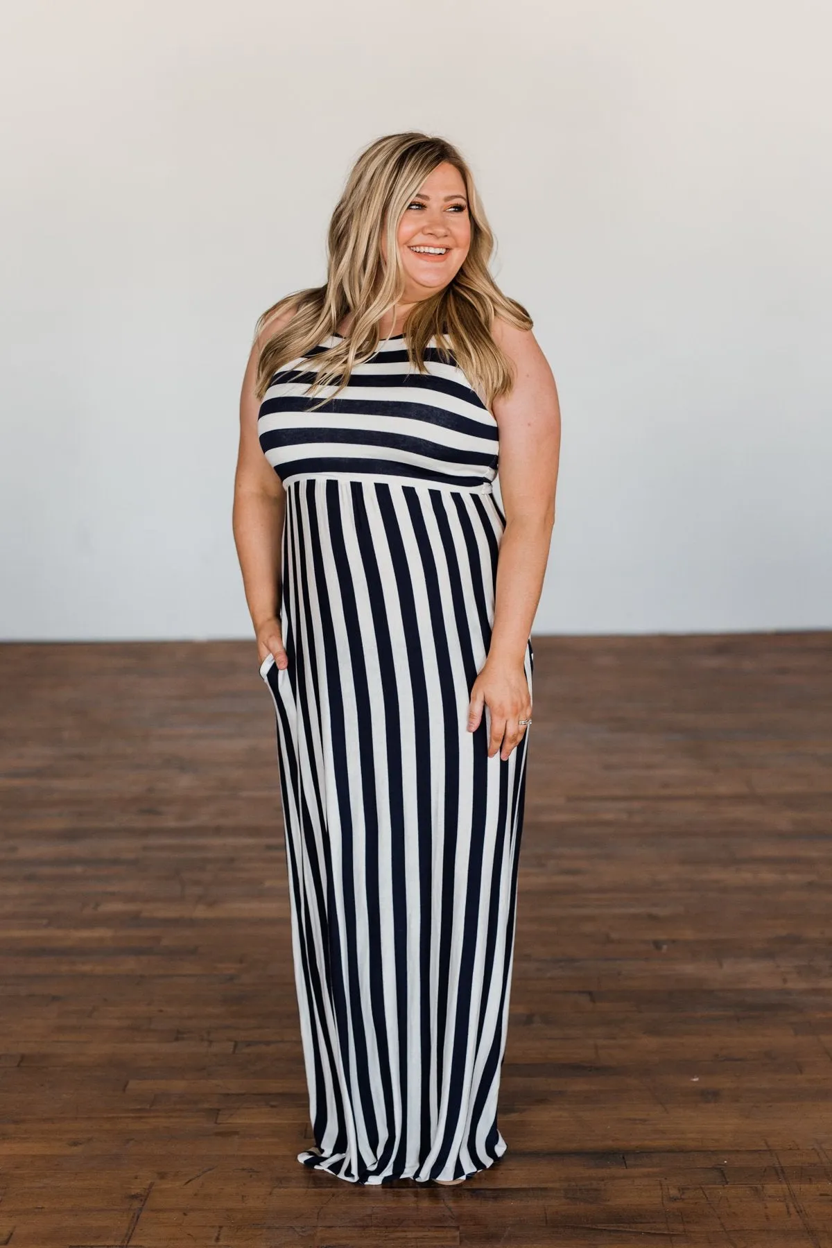 Never Let You Down Striped Maxi Dress- Ivory & Navy