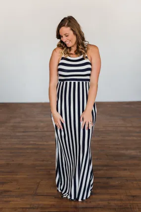 Never Let You Down Striped Maxi Dress- Ivory & Navy