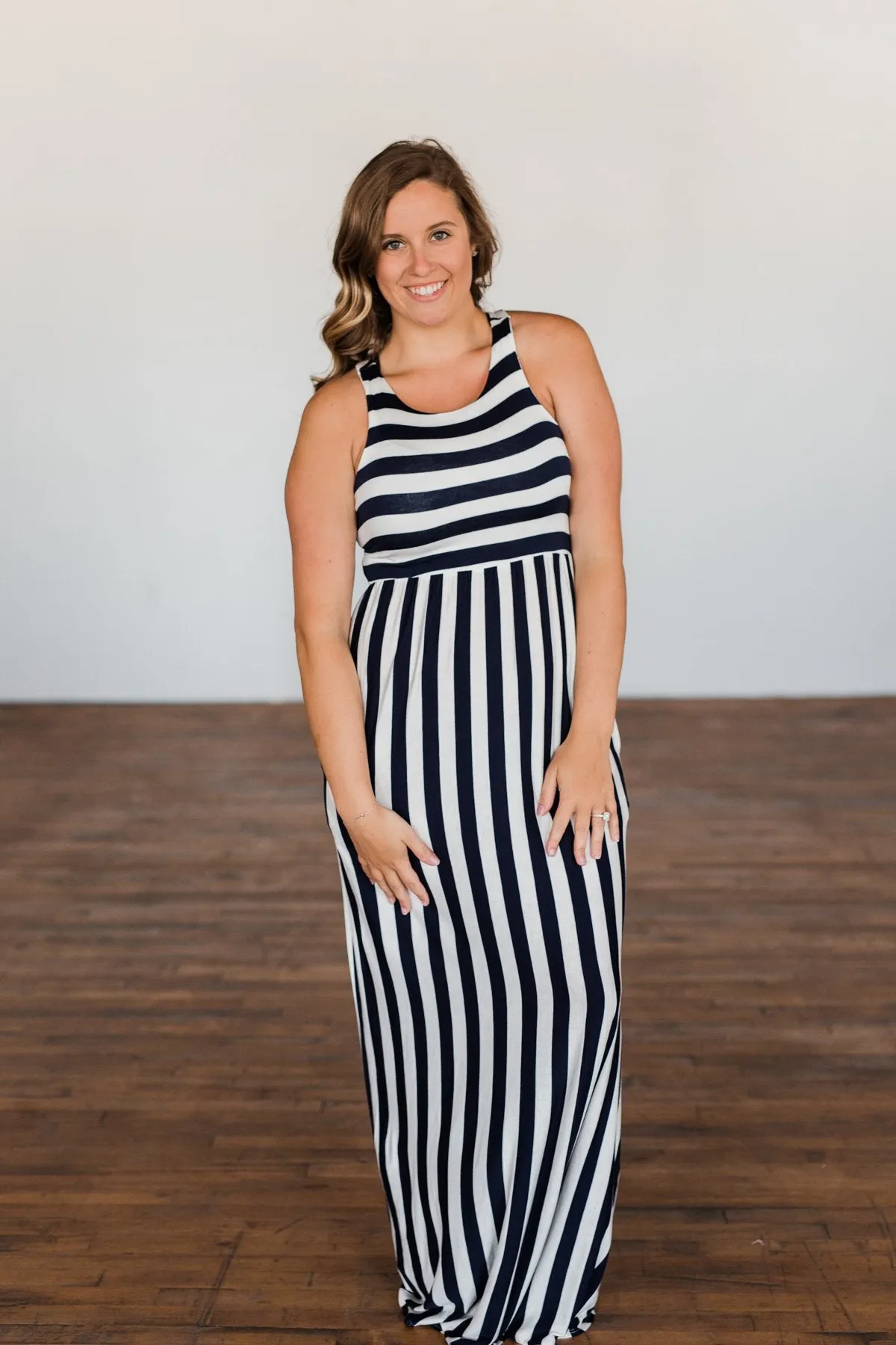 Never Let You Down Striped Maxi Dress- Ivory & Navy