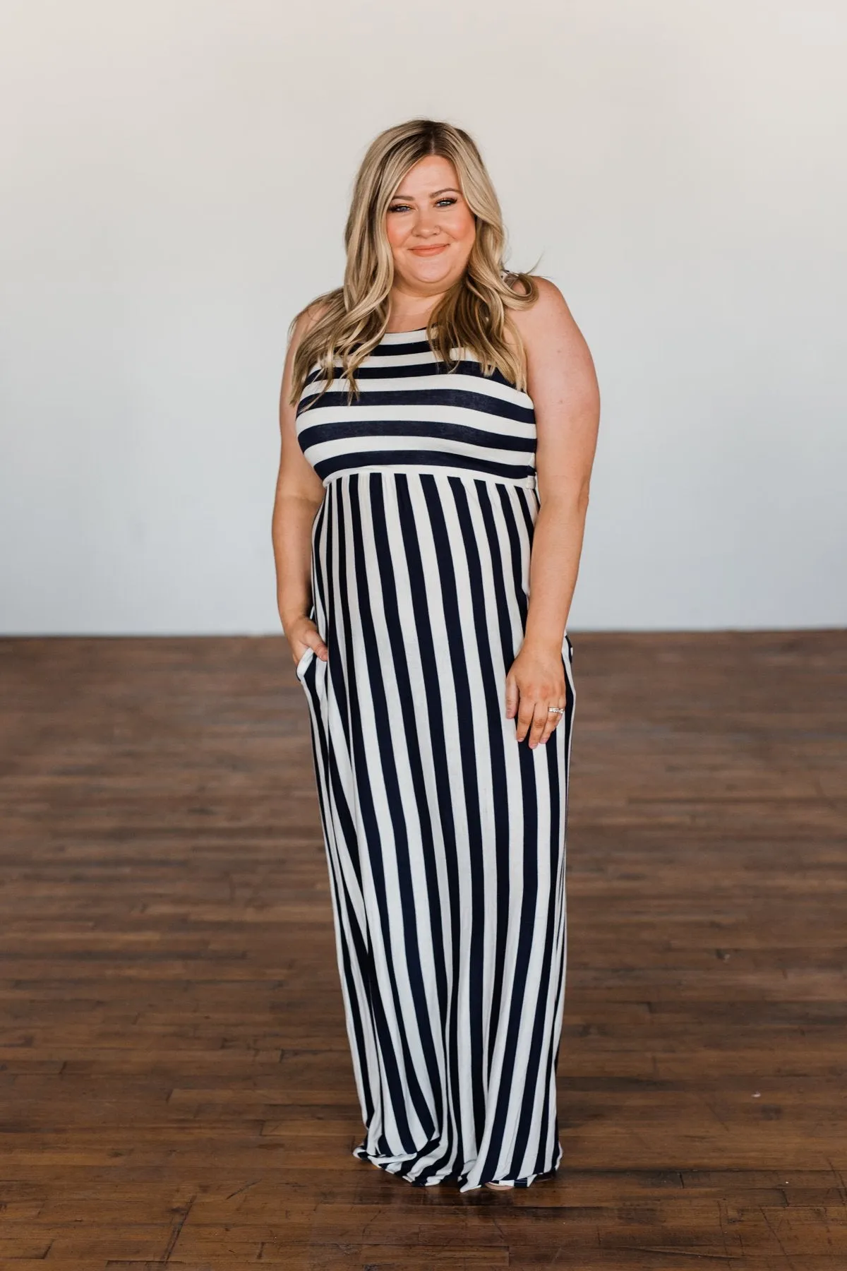 Never Let You Down Striped Maxi Dress- Ivory & Navy