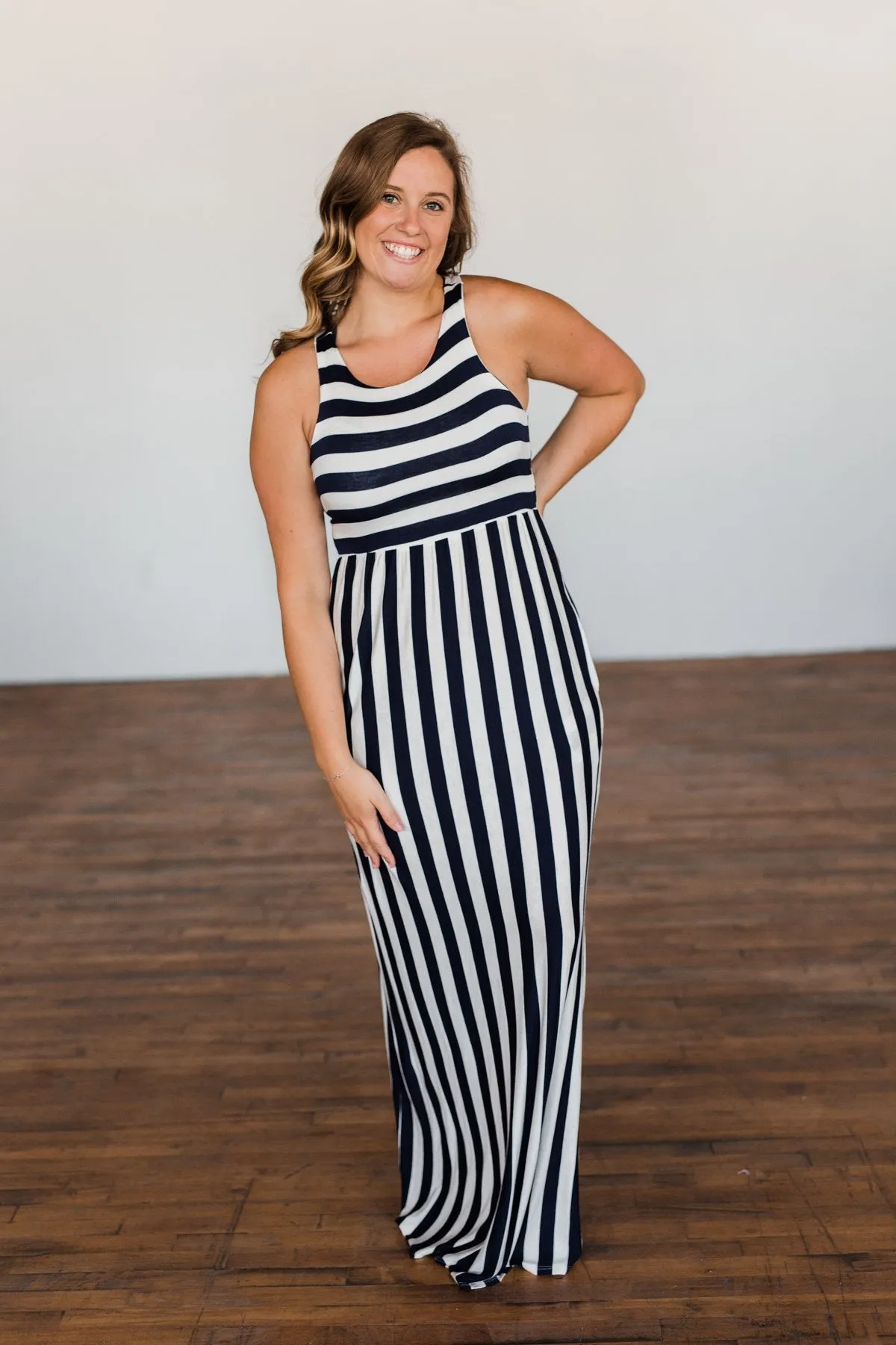 Never Let You Down Striped Maxi Dress- Ivory & Navy