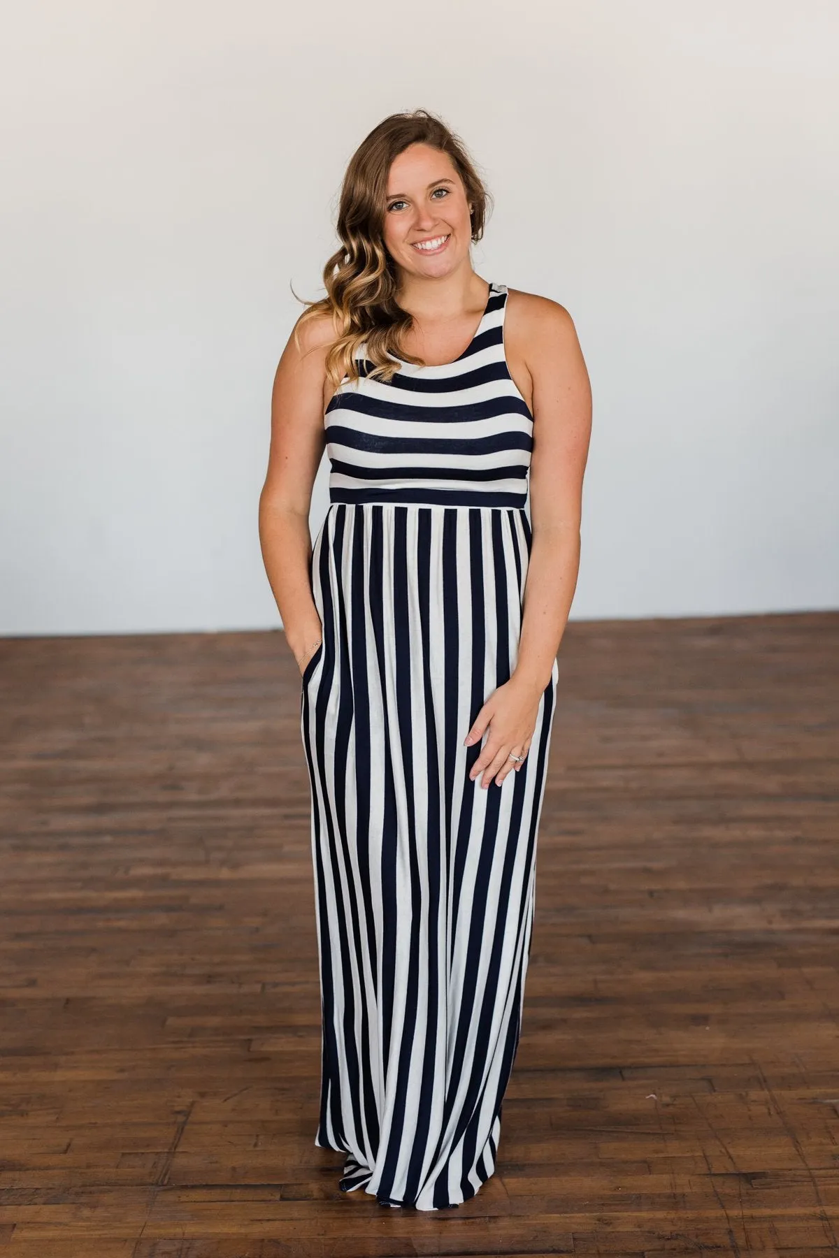 Never Let You Down Striped Maxi Dress- Ivory & Navy