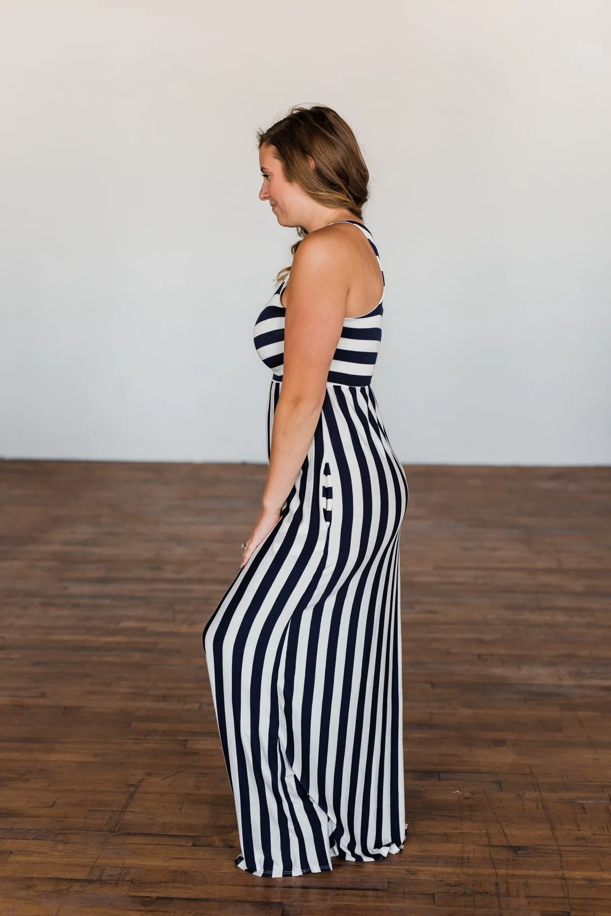 Never Let You Down Striped Maxi Dress- Ivory & Navy