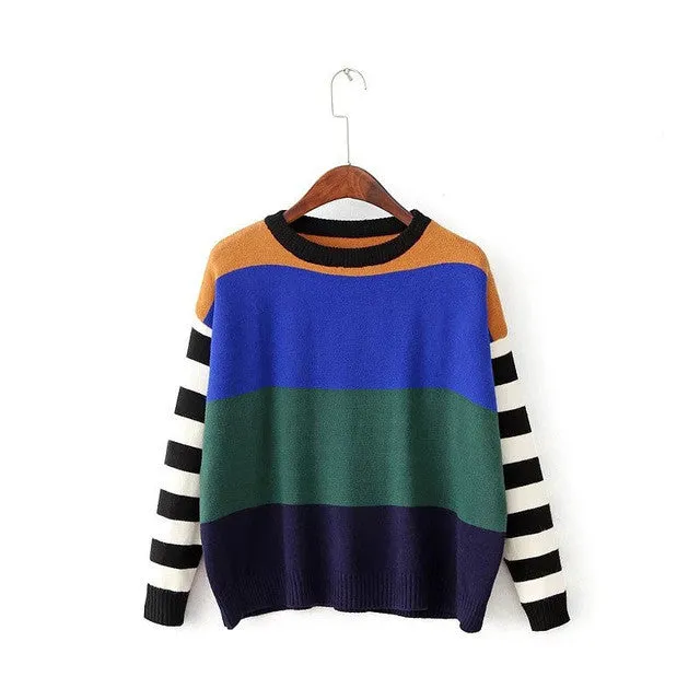 New Fashion Female Pullovers Knitted Long Sleeve O-neck Winter Autumn Patchwork Sweaters Hot  71975 SM6