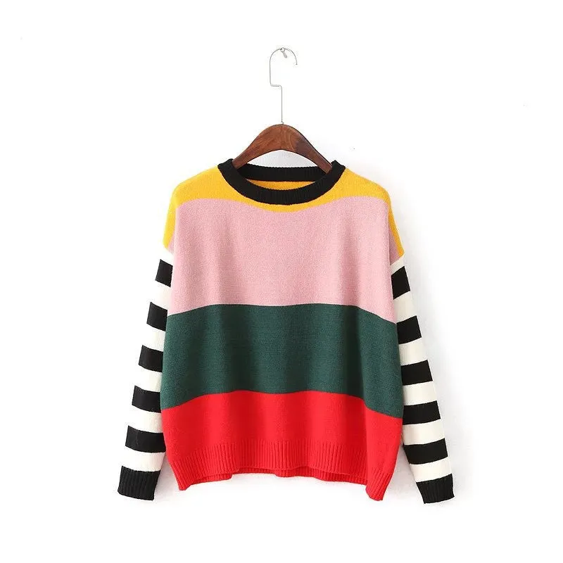 New Fashion Female Pullovers Knitted Long Sleeve O-neck Winter Autumn Patchwork Sweaters Hot  71975 SM6