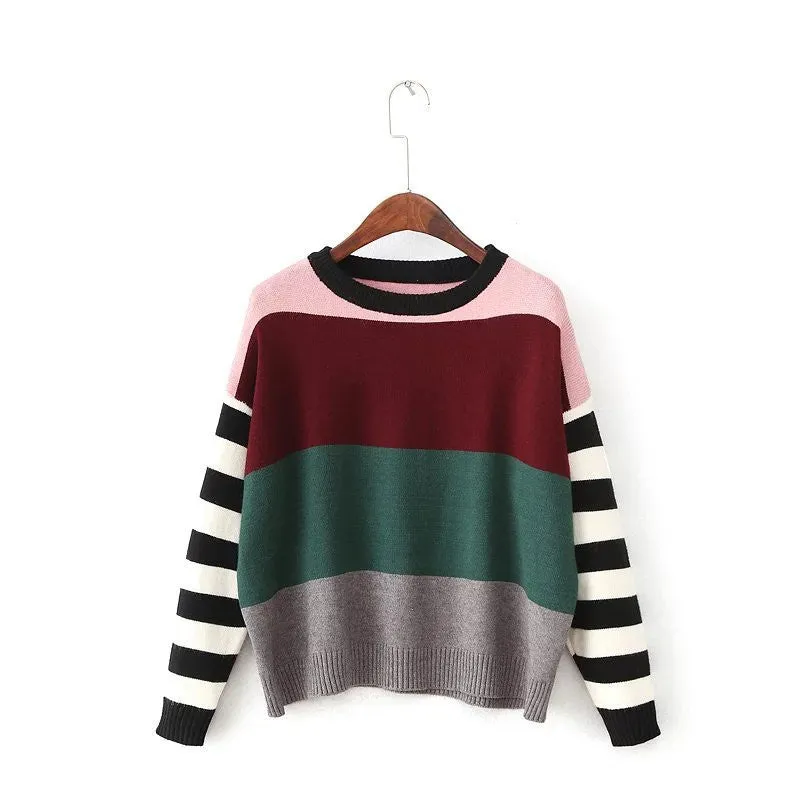 New Fashion Female Pullovers Knitted Long Sleeve O-neck Winter Autumn Patchwork Sweaters Hot  71975 SM6