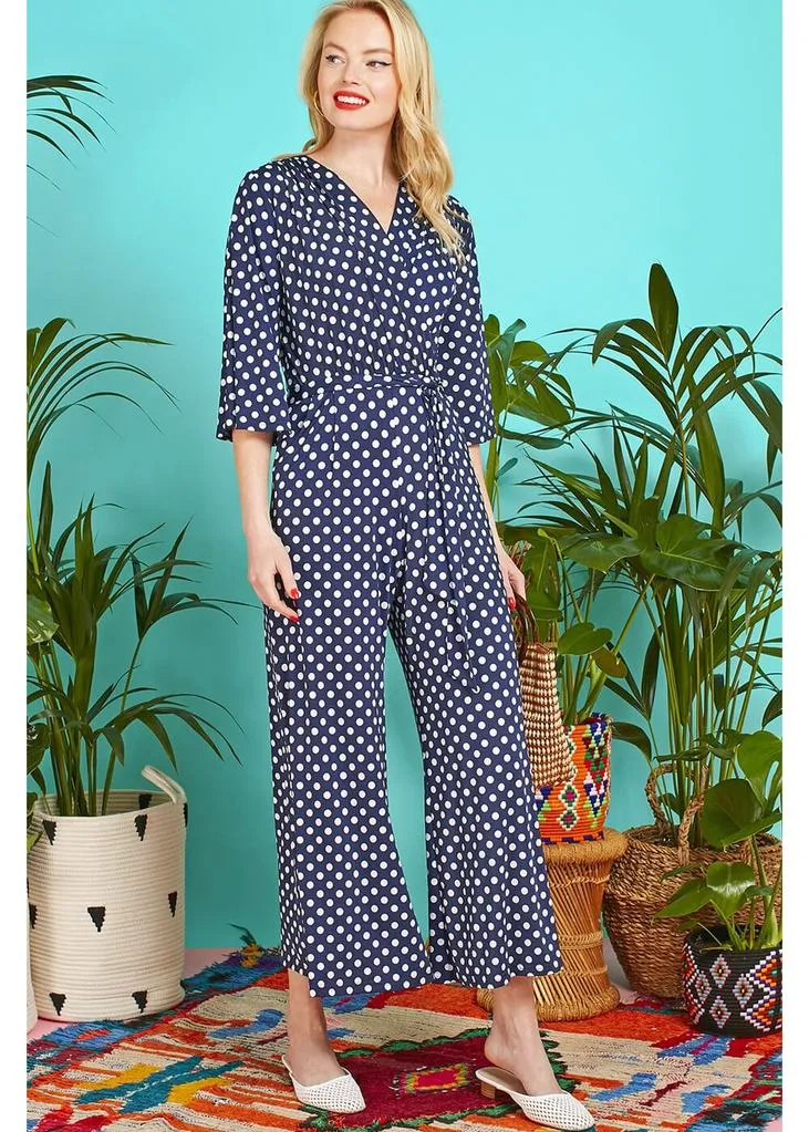 Onjenu Laurie Polkadot 70's Jumpsuit Navy