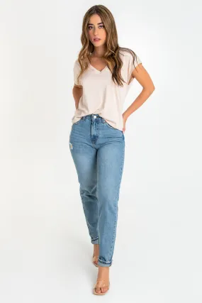 Pantalón cintura alta mom fit de denim