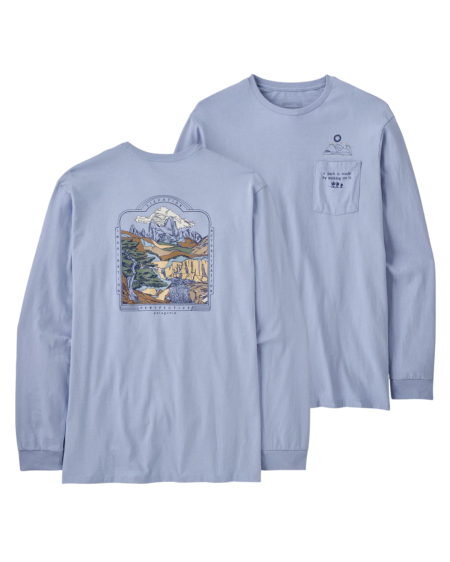 Patagonia 50 Year Long Sleeved Recycled Cotton Pocket T-Shirt - The Long View / Pale Periwinkle