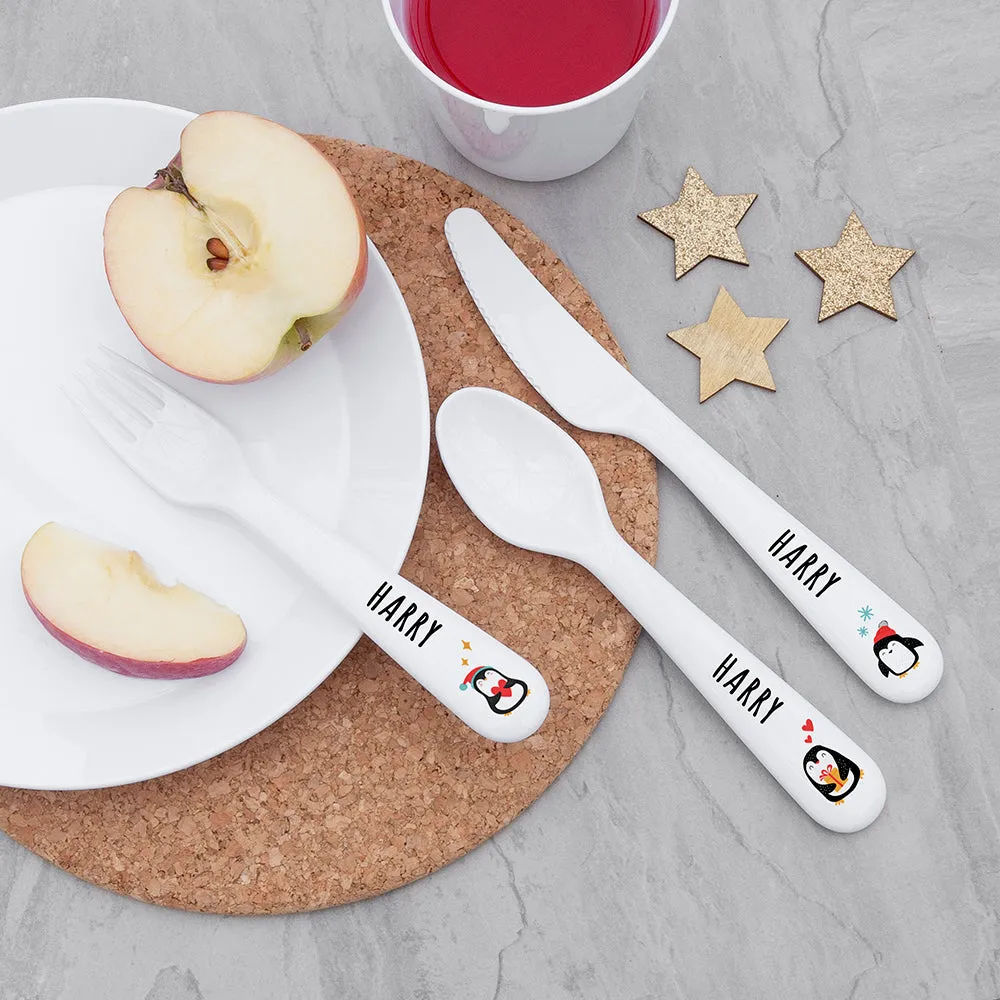 Personalised Kids Winter Penguin Cutlery Set - Plastic