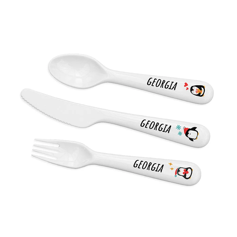 Personalised Kids Winter Penguin Cutlery Set - Plastic