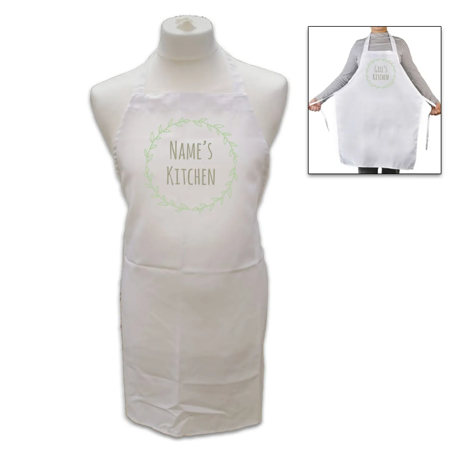 Personalised White Adult Apron - Name's Kitchen with Wreath