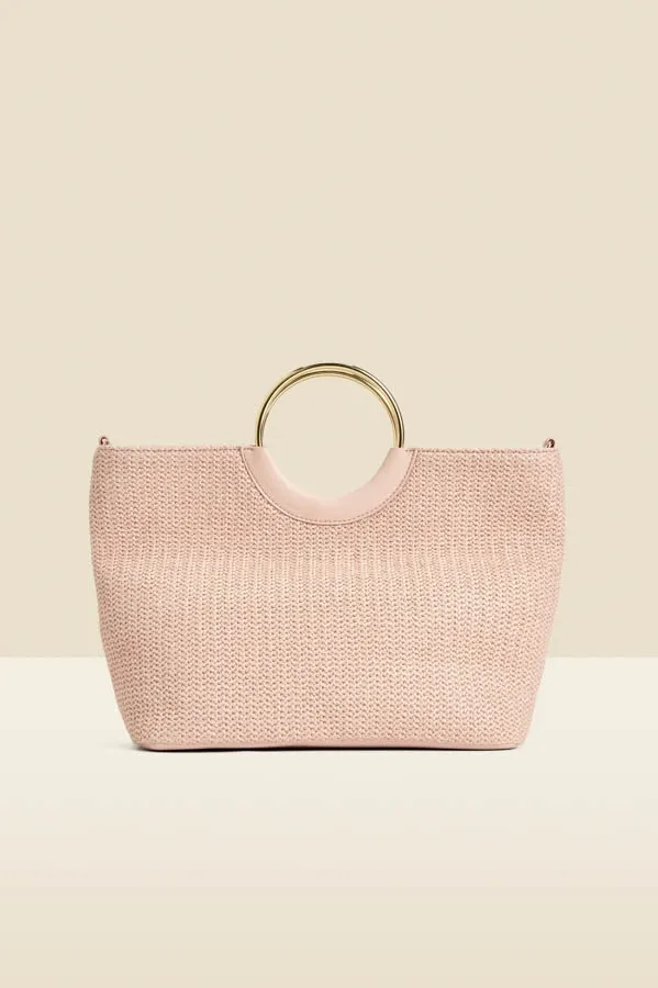 Pink Hoop Handle Raffia Tote Bag