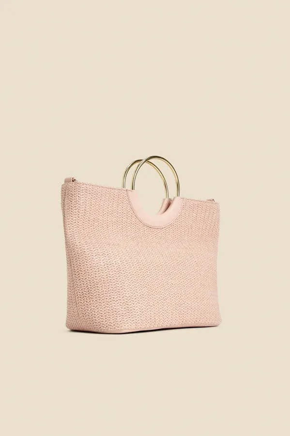 Pink Hoop Handle Raffia Tote Bag