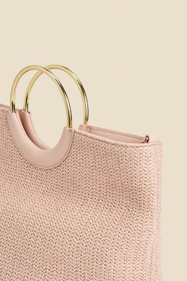 Pink Hoop Handle Raffia Tote Bag