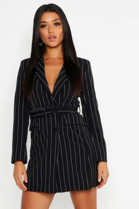 Pinstripe O Ring Belted Blazer Dress