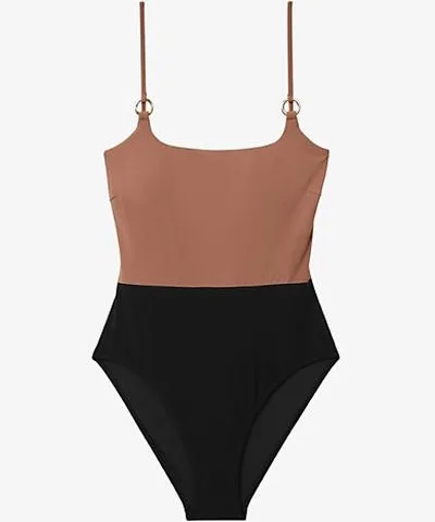 Reiss Womens Mink/Black Farah colour-block square-neck swimsuit