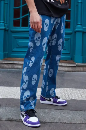 Relaxed Fit Skull Printed Jeans | boohooMAN UK