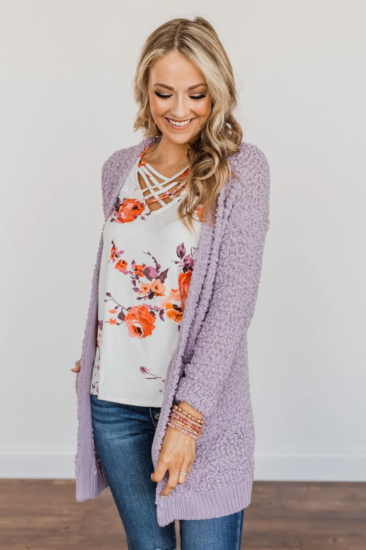 Stealing Glances Popcorn Knit Cardigan- Lavender