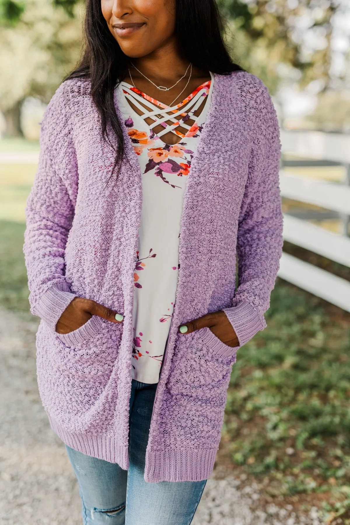 Stealing Glances Popcorn Knit Cardigan- Lavender