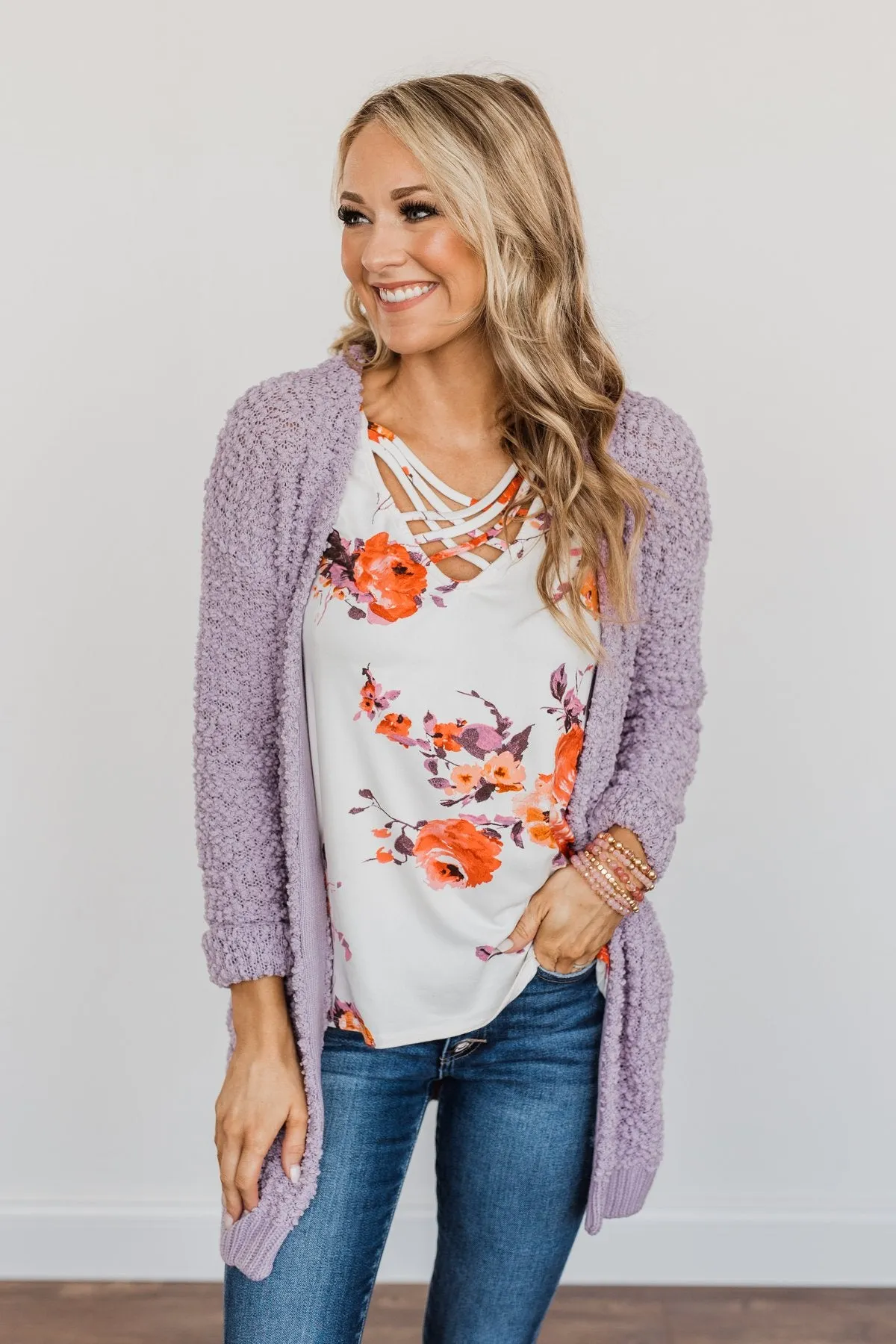 Stealing Glances Popcorn Knit Cardigan- Lavender