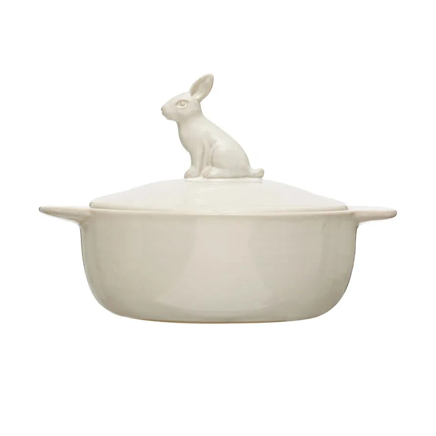 Stoneware Baker w/ Rabbit Finial, White