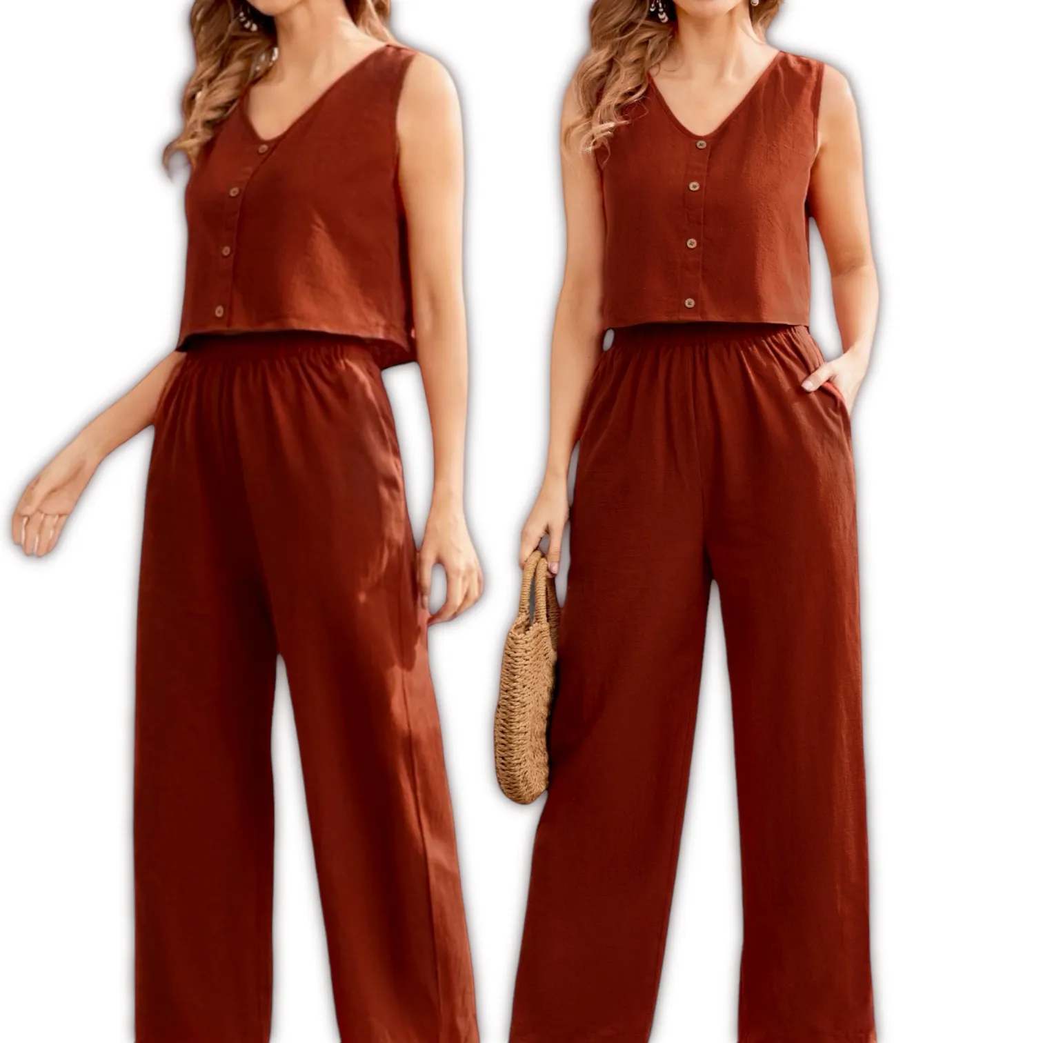 STORK Woven Button Down Sleeveless Top and Pants Set