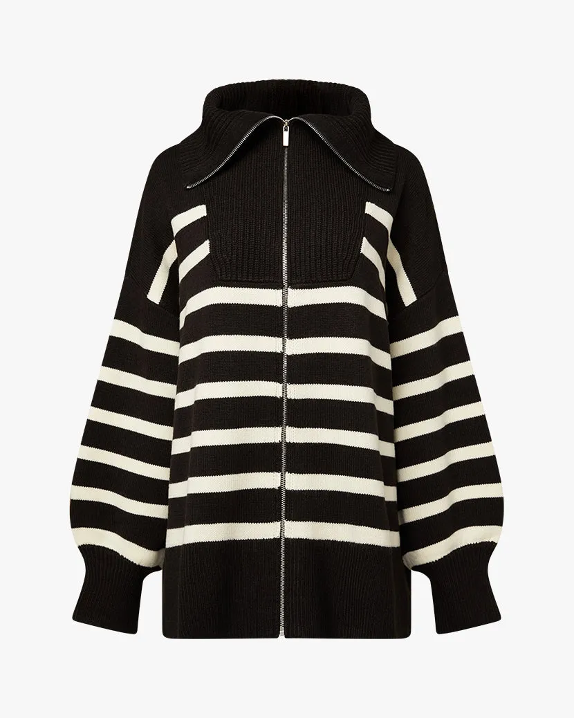 Striped Sweater Zip Up | Black x Ecru