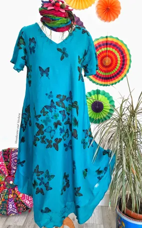 STYLISH TURQUOISE COTTON BUTTERFLY DRESS UK SIZE 12 / 14