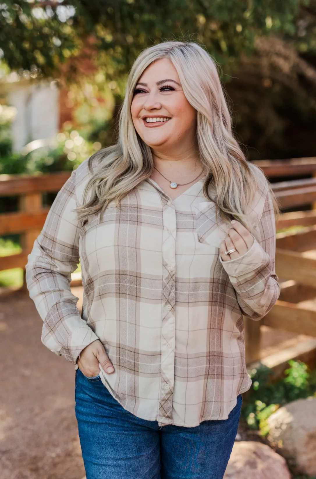 Thread & Supply Button Down Plaid Top- Tan, Oatmeal & Brown