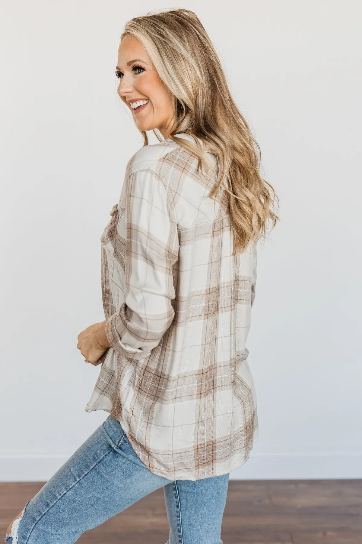 Thread & Supply Button Down Plaid Top- Tan, Oatmeal & Brown