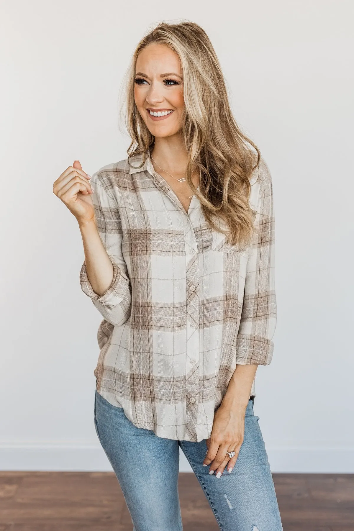 Thread & Supply Button Down Plaid Top- Tan, Oatmeal & Brown