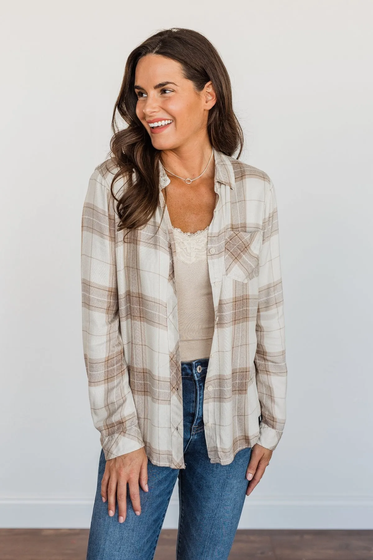 Thread & Supply Button Down Plaid Top- Tan, Oatmeal & Brown