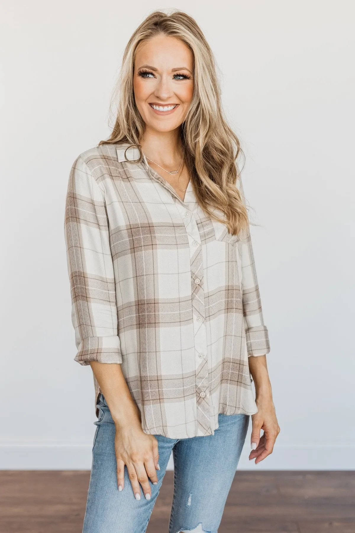 Thread & Supply Button Down Plaid Top- Tan, Oatmeal & Brown