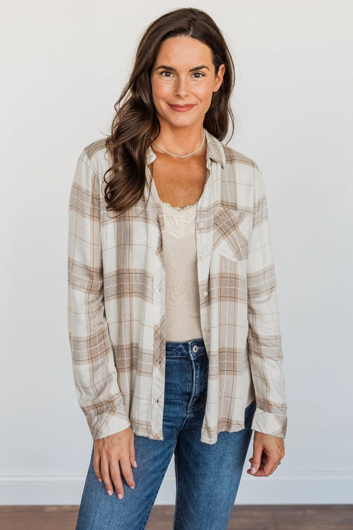 Thread & Supply Button Down Plaid Top- Tan, Oatmeal & Brown