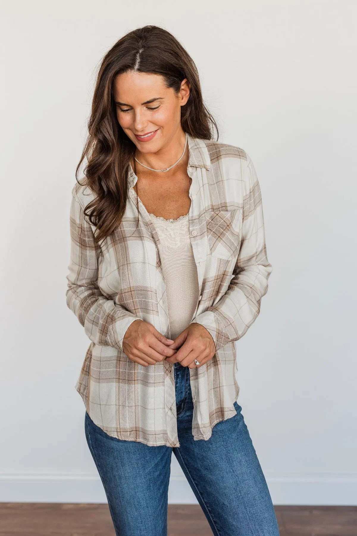 Thread & Supply Button Down Plaid Top- Tan, Oatmeal & Brown