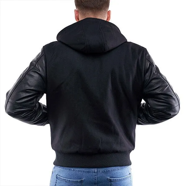 Triple Black Leather Sleeves Hoodie Varsity Jacket