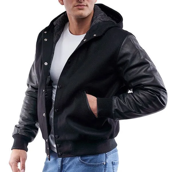 Triple Black Leather Sleeves Hoodie Varsity Jacket