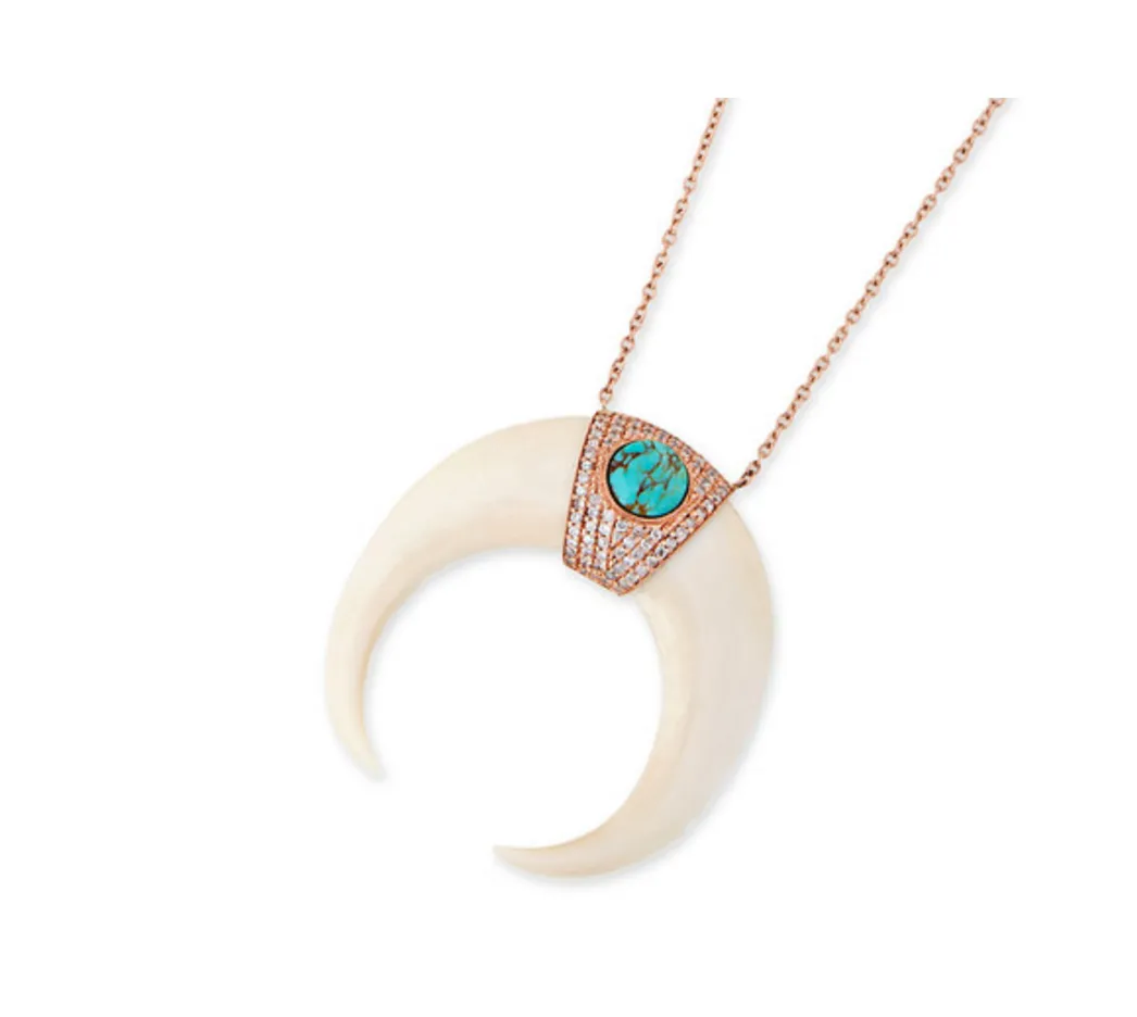 Turquoise Center Pave Xl Bone Double Horn Necklace