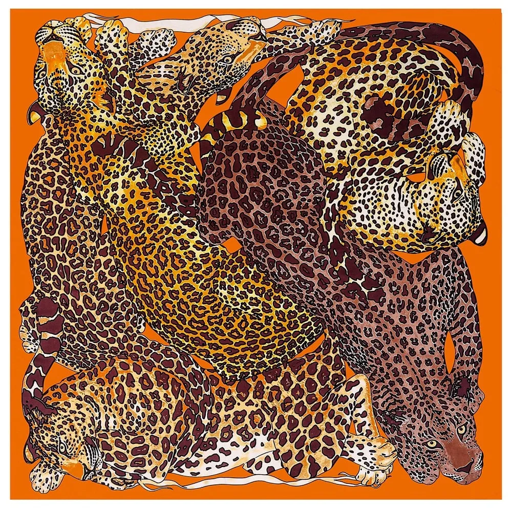 Twill Silk Scarf Women LARGE Leopard Shawls Square Bandana Kerchief Foulards 51Luxury Brand Look Orange