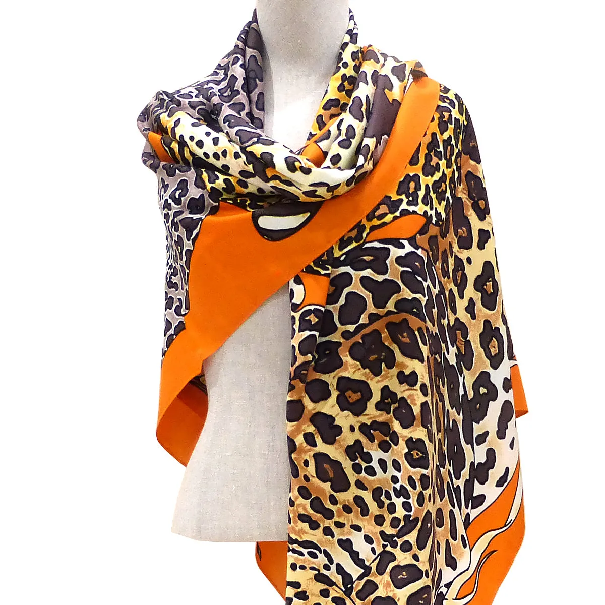 Twill Silk Scarf Women LARGE Leopard Shawls Square Bandana Kerchief Foulards 51Luxury Brand Look Orange