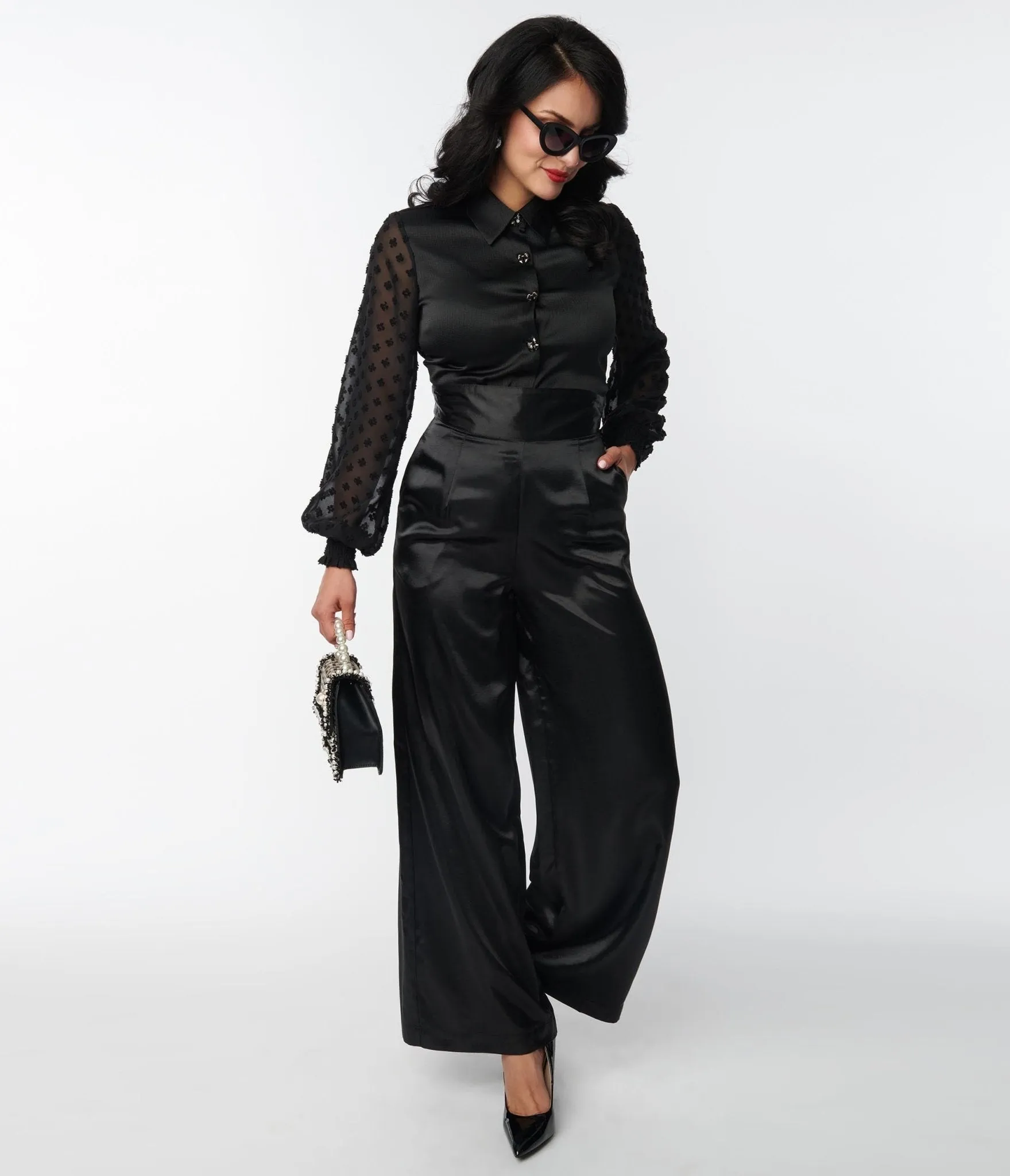 Unique Vintage 1940s Black Satin High Waist Pants