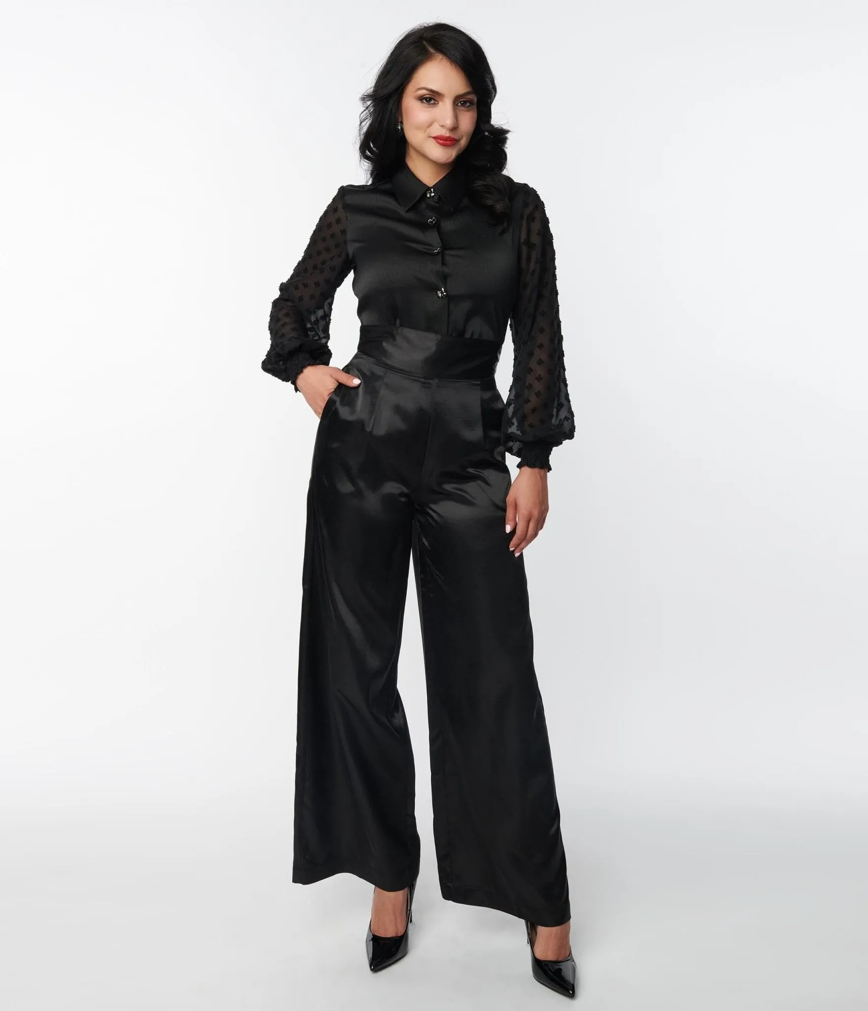 Unique Vintage 1940s Black Satin High Waist Pants