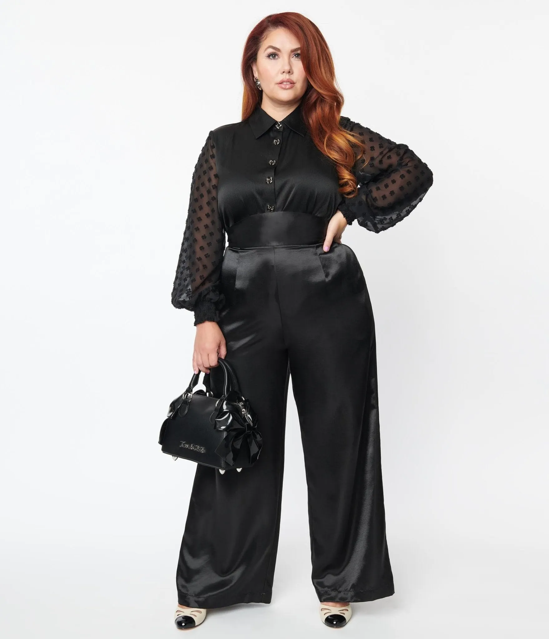 Unique Vintage Plus Size 1940s Black Satin High Waist Pants