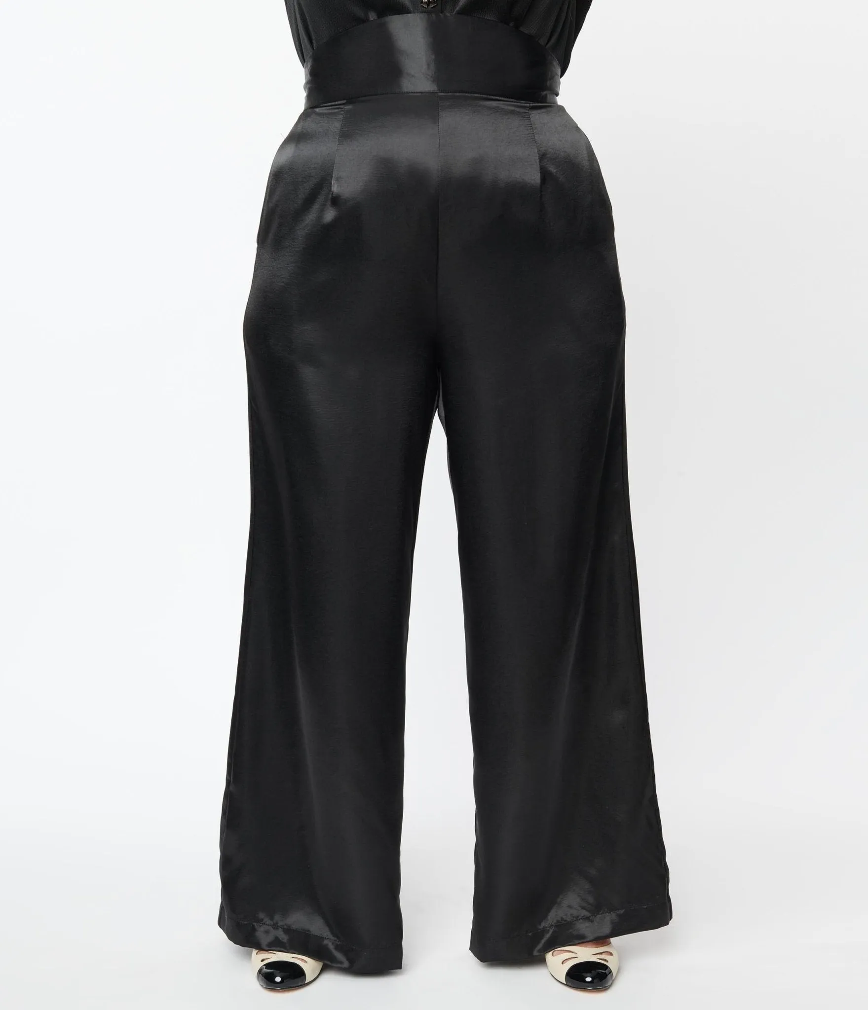 Unique Vintage Plus Size 1940s Black Satin High Waist Pants