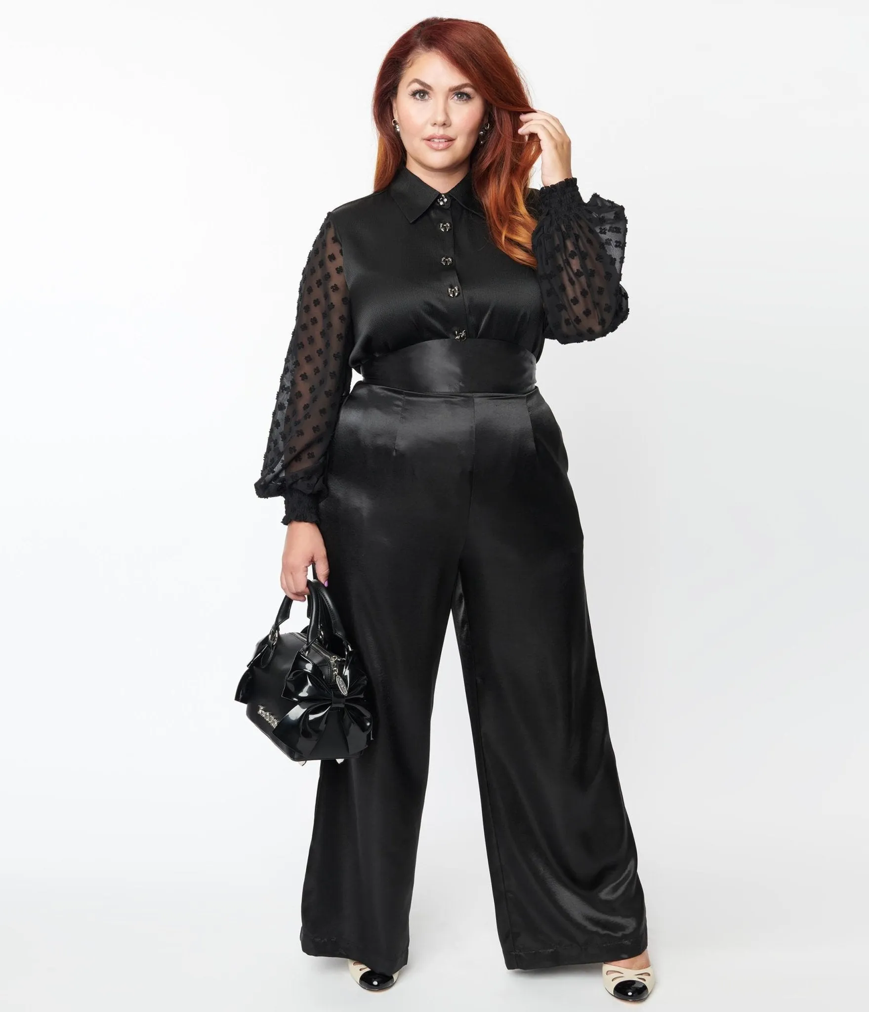 Unique Vintage Plus Size 1940s Black Satin High Waist Pants