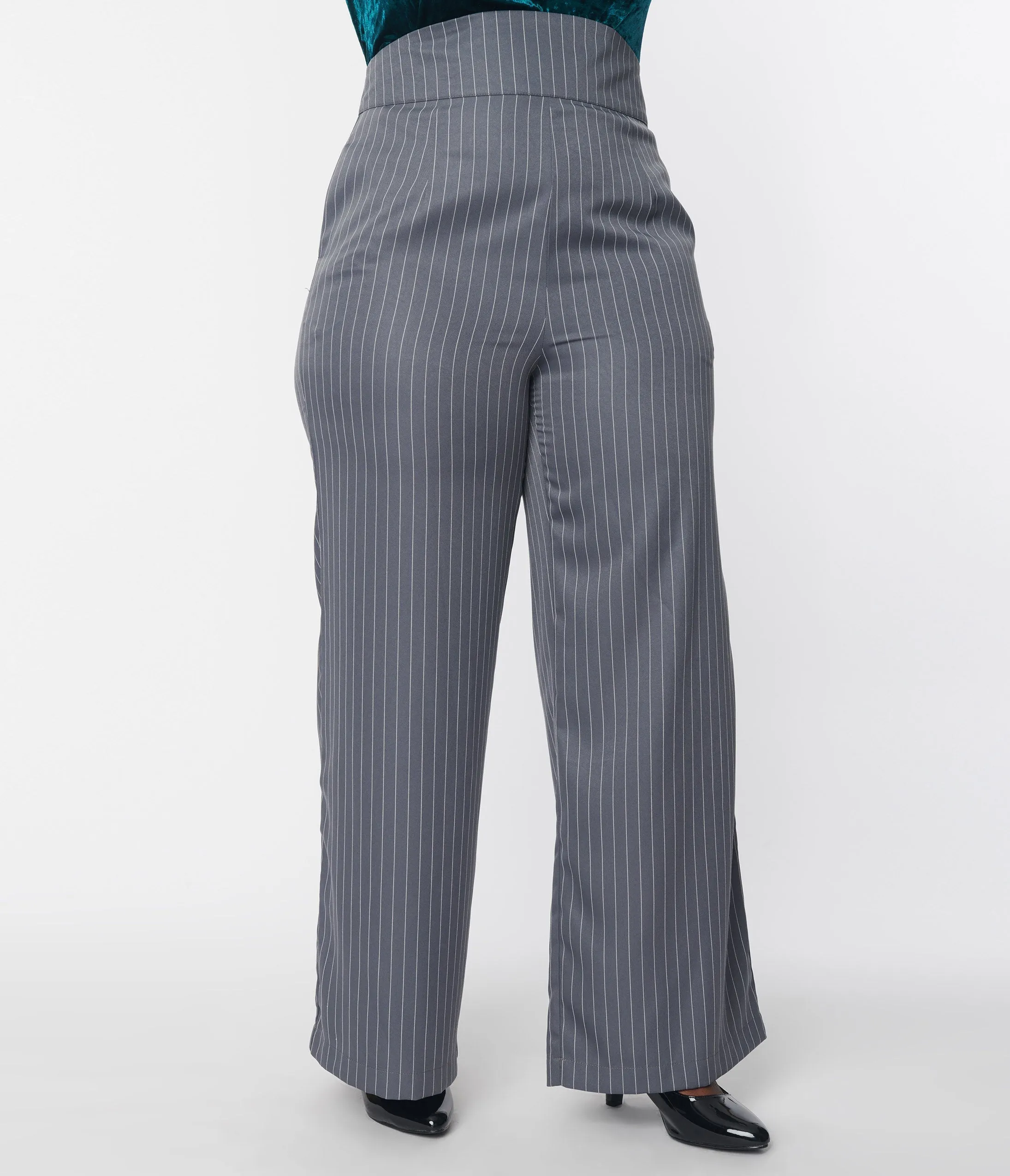 Unique Vintage Plus Size 1940s Grey Pinstripe High Waist Pants